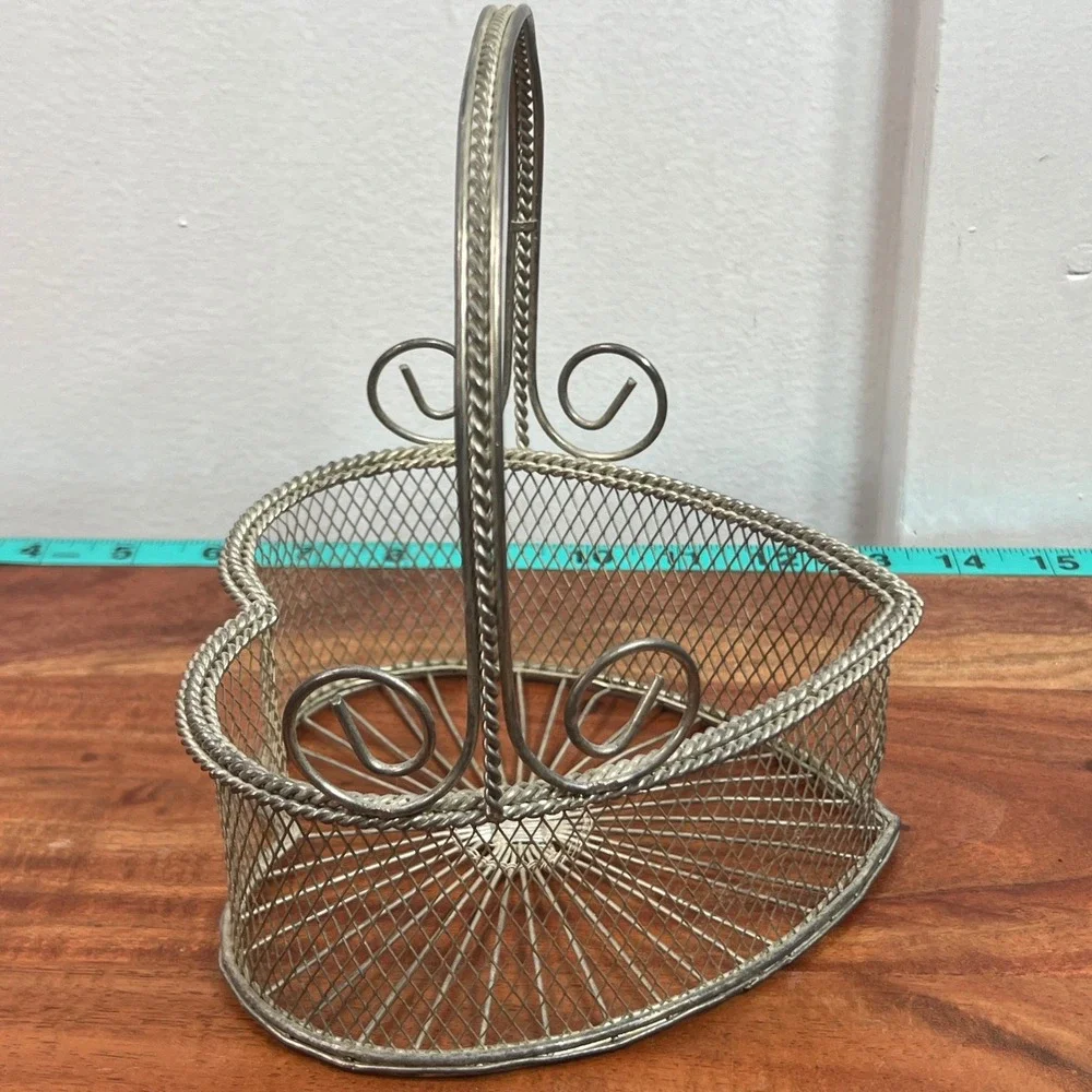 Vintage Silver Heart Shaped Wire Mesh Basket with Handle Scroll Detail Decor